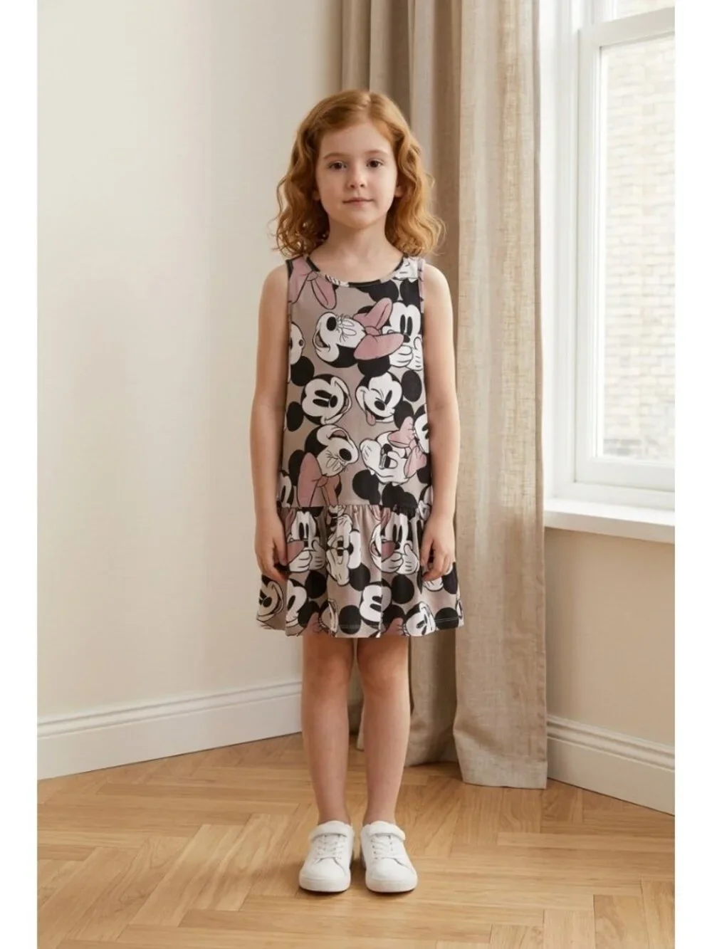 H&M Disney Girls Minnie & Mickey Mouse Print Drop-Waist Dress